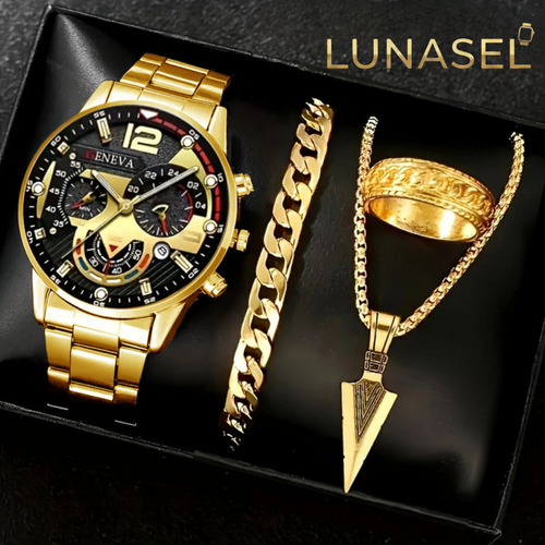 LUNASEL | Erkek Lüks 4'lü Set: Saatten Yüzüğe Kusursuz Karizma