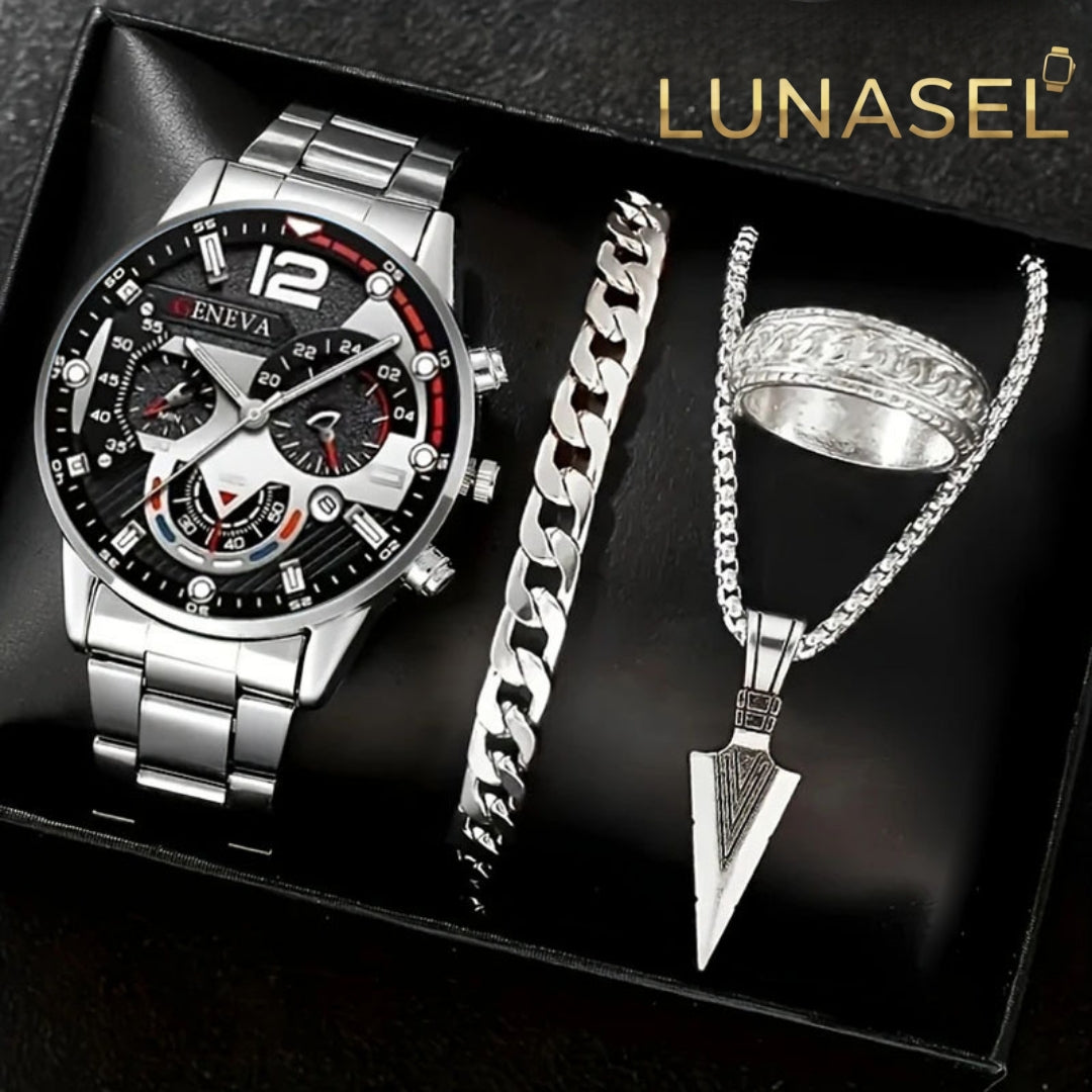 LUNASEL | Erkek Lüks 4'lü Set: Saatten Yüzüğe Kusursuz Karizma