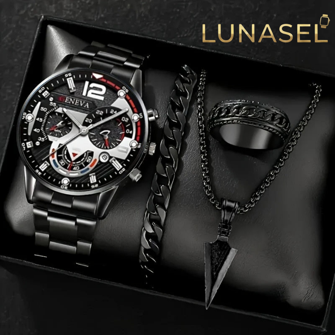 LUNASEL | Erkek Lüks 4'lü Set: Saatten Yüzüğe Kusursuz Karizma