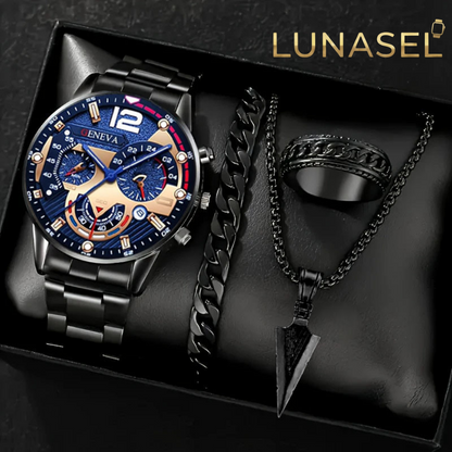 LUNASEL | Erkek Lüks 4'lü Set: Saatten Yüzüğe Kusursuz Karizma