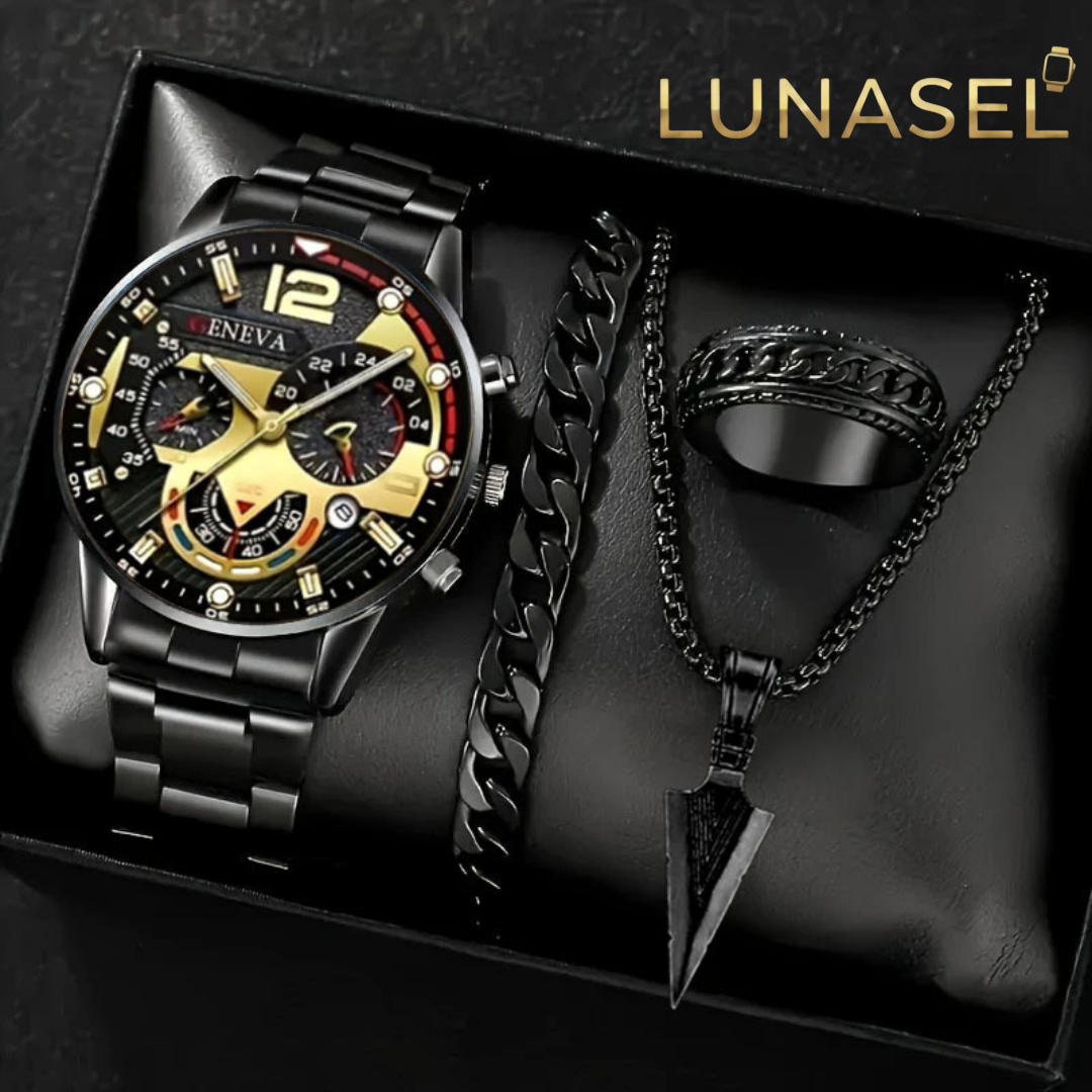 LUNASEL | Erkek Lüks 4'lü Set: Saatten Yüzüğe Kusursuz Karizma