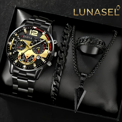 LUNASEL | Erkek Lüks 4'lü Set: Saatten Yüzüğe Kusursuz Karizma
